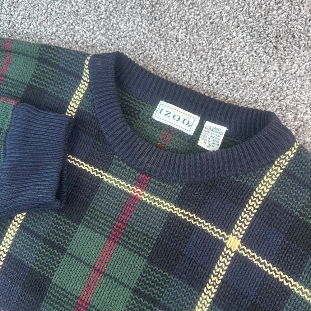 IZOD Sweater Mens XL Plaid Cotton Crew Vintage Pullover Preppy Academia Granpa